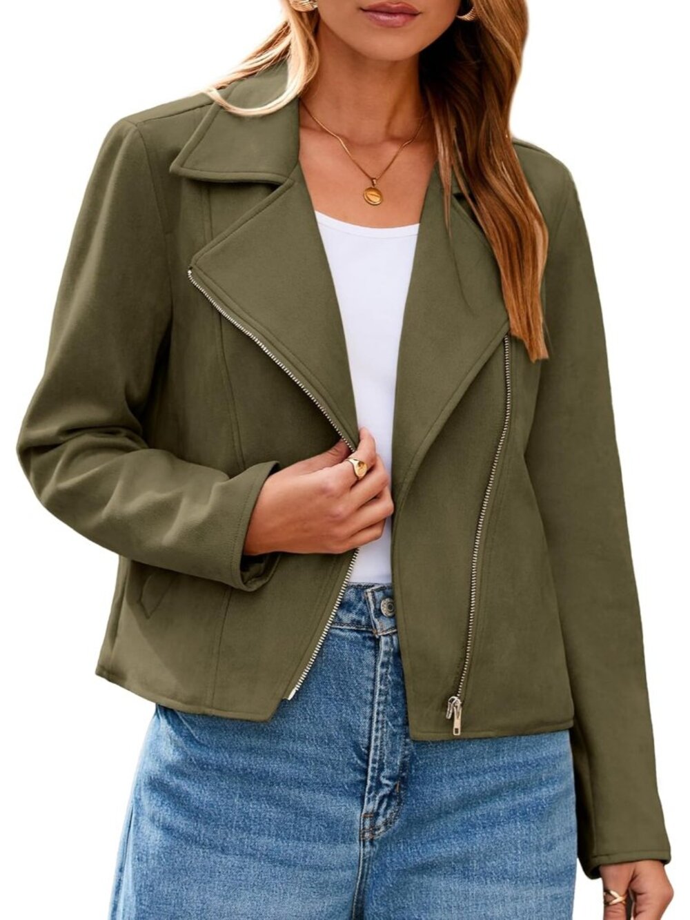 Women's Army Green Long Sleeve Faux Suede Cropped Zipper Outfits Jackets